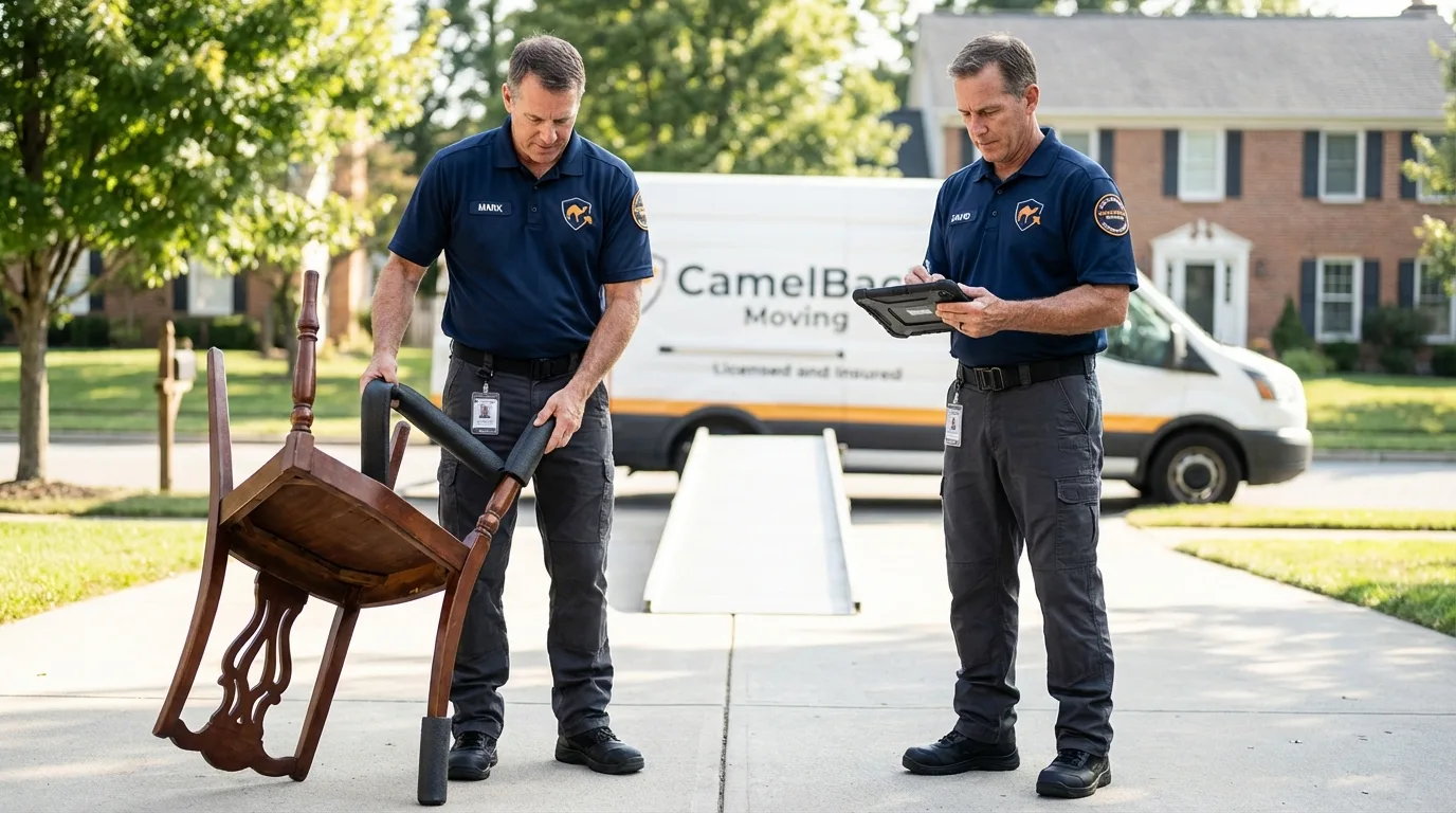 Movers inspecting furniture for damage prevention before loading in Destin, FL